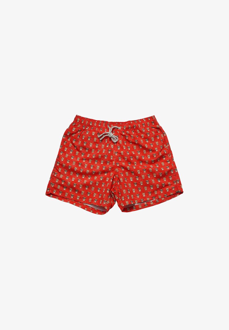 Pantaloni da mare rossi con un motivo ripetuto di piccole facce di cani da cartone animato. Realizzati in tessuto leggero, con cintura elasticizzata e lacci.