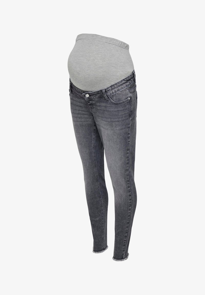 Ελαστικό γκρι τζιν εγκυμοσύνης με απαλό ανοιχτό γκρι πάνελ στην κοιλιά και φθαρμένα τελειώματα στους αστραγάλους, σχεδιασμένο για άνεση κατά τη διάρκεια της εγκυμοσύνης.