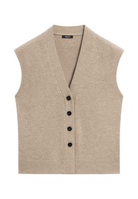 Beżowa dzianinowa kamizelka z dekoltem w serek, bez rękawów, z sześcioma czarnymi guzikami z przodu. Posiada ściągacz na dole i miękką teksturę.