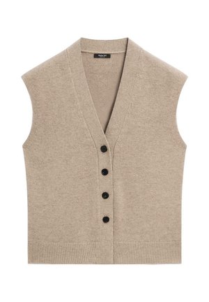 Beige knitted vest with a V-neck, sleeveless design, and six black buttons down the front. Features a ribbed hem and soft texture.
