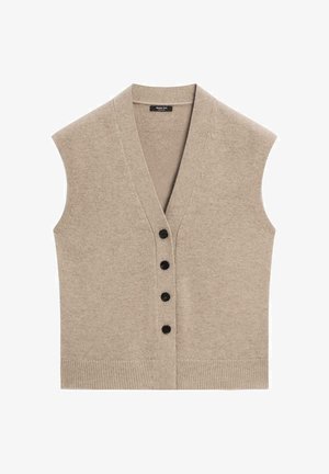 Beige knitted vest with a V-neck, sleeveless design, and six black buttons down the front. Features a ribbed hem and soft texture.