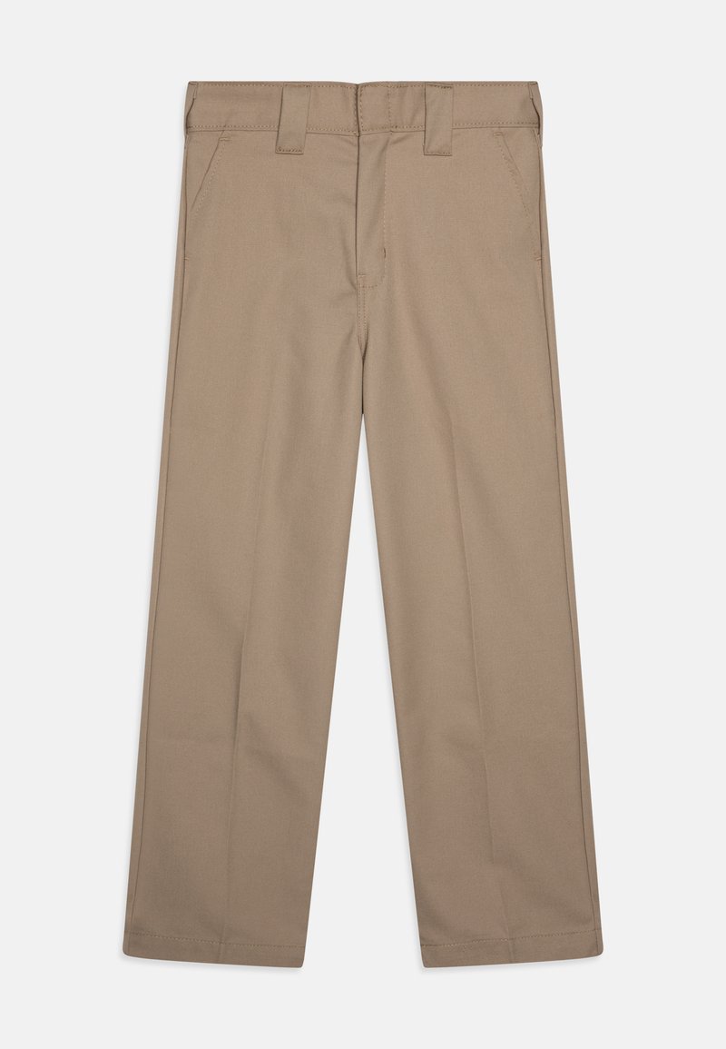 Calças caqui feitas de um tecido com uma textura suave. Apresenta um design de perna reta, passantes para cinto e dois bolsos frontais.