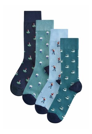 Four pairs of cotton socks; colors include navy, teal, and light blue. Patterns feature golf-related graphics, including golfers and golf carts.
