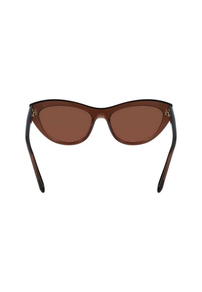 Brown cat-eye sunglasses with tinted lenses, a smooth plastic frame, and glossy black temple accents. Features logo on the front.