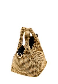 Goldfarbene Handtasche aus Pailletten mit doppelten Griffen, texturierten Oberflächen und schwarzem Innenleben. Merkmale ein elegantes, strukturiertes Design mit glänzenden Akzenten.