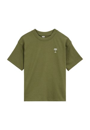 T-shirt en coton vert olive à manches courtes, col rond et petit logo palmier blanc sur la poitrine gauche.