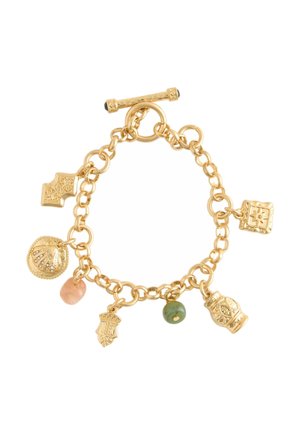 Gold chain bracelet featuring multiple charms, including a shell, colored beads, and decorative pendants with intricate patterns.