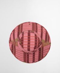Zonnehoed met brede rand in het roze, met een donkerrode en groene geruite patroon, voorzien van een gestructureerde stof en een centrale ventilatieopening.