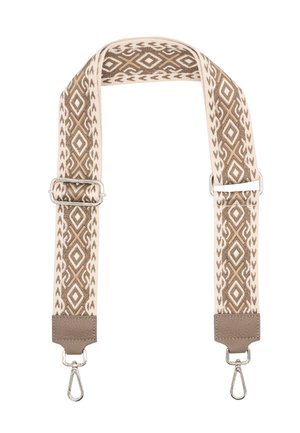 Woven fabric strap with geometric brown and cream pattern, featuring leather ends and metal clasps. Adjustable length and flat design.
