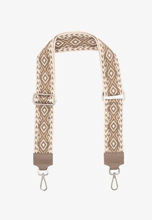 Woven fabric strap with geometric brown and cream pattern, featuring leather ends and metal clasps. Adjustable length and flat design.