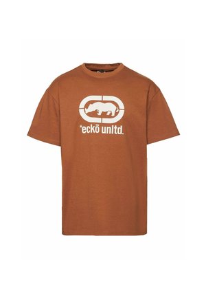 Camiseta de algodón marrón con un gran logo gráfico blanco de un rinoceronte y el texto "*eckō unltd." en el frente. Mangas cortas, ajuste relajado.