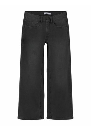 Jeans negros de pierna ancha hechos de denim, con una cintura alta, bolsillos frontales y cierre de botón. Textura suave con detalles de lavado mínimos.