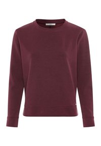 Sweatshirt bordeaux en tissu doux, avec un col rond, des manches longues et un ourlet droit. Marquage discret en bas.
