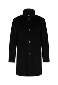 Cappotto nero con colletto alto, chiusura a bottoni, due tasche laterali e una texture liscia. Design classico con una vestibilità su misura.