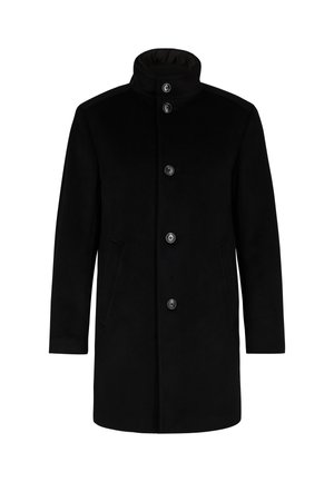 Cappotto nero con colletto alto, chiusura a bottoni, due tasche laterali e una texture liscia. Design classico con una vestibilità su misura.