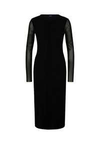 Schwarzes Midi-Kleid mit taillierter Silhouette. Lange, durchsichtige Ärmel und runder Ausschnitt. Hat eine einfache Naht entlang der Vorderseite. Texturiertes Ärmel-Detail.