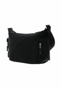 Sac d'épaule en nylon noir avec texture lisse, sangle réglable, et deux poches latérales zippées. Forme rectangulaire, design minimaliste.