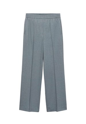 Pantaloni grigi a gamba larga con vita elastica, caratterizzati da pieghe, due tasche laterali e un design in tessuto liscio e testurizzato.