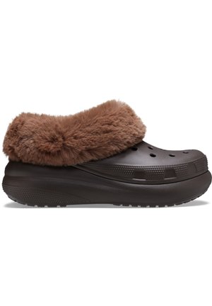 Brown clog with a soft faux fur trim, made of molded material, featuring ventilation holes, and a textured, non-slip sole.