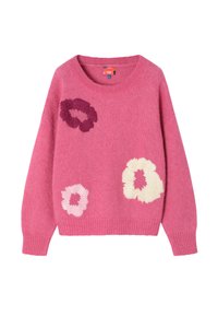 Pulover tricotat roz, cu trei modele florale mari în nuanțe crem și purpuriu. Manșete și tiv din material rib, decolteu rotund, textură moale.