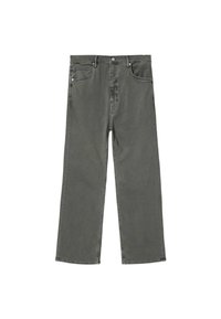 Grå straight fit jeans med forlommer, bæltestropper og knaplukning, lagt fladt på en hvid baggrund.