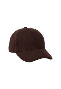 Cappello di lana marrone con corona arrotondata e visiera rigida. Presenta una texture liscia e cuciture lungo il bordo della visiera, con un piccolo bottone sulla parte superiore.