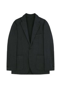 Blazer de hombre en gris oscuro con un patrón de cuadros texturizados. Presenta solapa de muesca, dos bolsillos frontales y puños de tres botones.