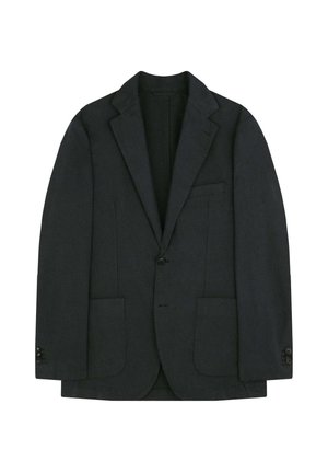 Blazer de hombre en gris oscuro con un patrón de cuadros texturizados. Presenta solapa de muesca, dos bolsillos frontales y puños de tres botones.