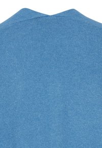 Jasnoniebieski dzianinowy element garderoby o gładkiej fakturze, z dekoltem w kształcie litery V z tyłu. Brak widocznych wzorów i detali metalowych.