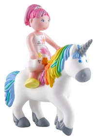 Plastic unicorn toy with a colorful mane and tail. A figure with pink hair in a white dress features floral patterns. The base has gray hooves.