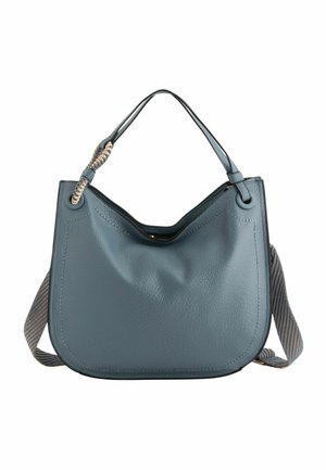 Niebieska skórzana torebka z krótkimi uchwytami i odpinanym paskiem na ramię w paski, z plecionym detalem na jednym uchwycie.