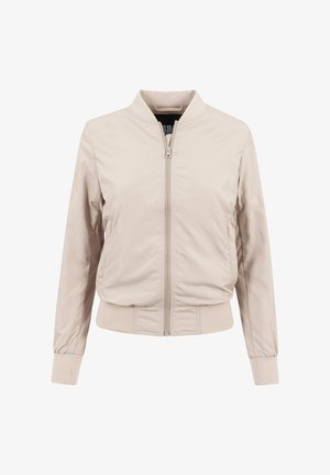 Veste bomber beige clair avec fermeture éclair sur le devant, poignets et taille côtelés. Fabriquée en tissu lisse avec un design simple et sans motifs visibles.