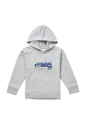 Light gray hoodie with front pocket, blue "Nothing Tougher F-150 Powered by Ford" text and technical engine drawings on chest.