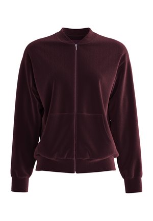 Veste zippée bordeaux avec un col rond, deux poches avant et des poignets côtelés. Fabriquée en tissu doux et texturé.