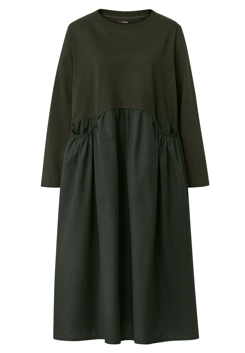 Angel of Style MIDI RUNDHALS LANGARM QUERNAHT - Freizeitkleid - olive ...