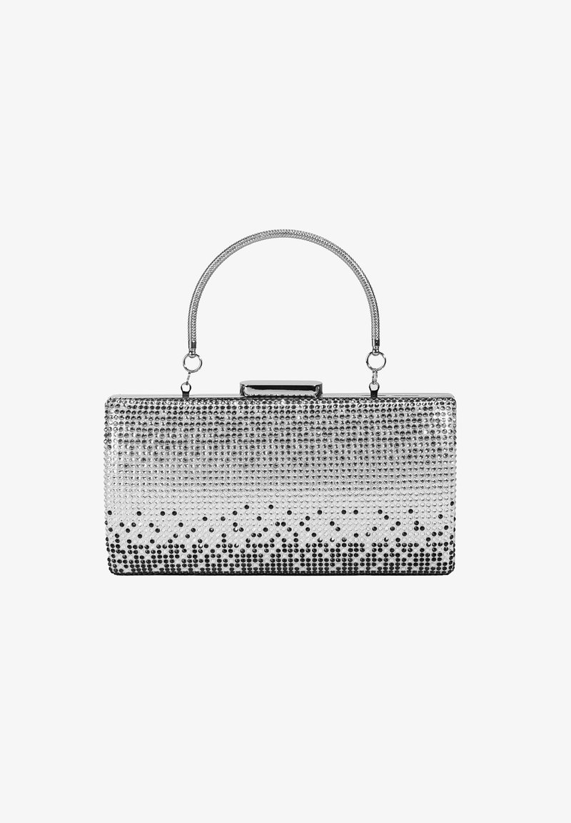 Silberne rechteckige Handtasche, bedeckt mit Strasssteinen und einem Farbverlauf von klar zu schwarz. Sie verfügt über einen dünnen, metallischen Griff und einen Verschluss mit Schnappverschluss.