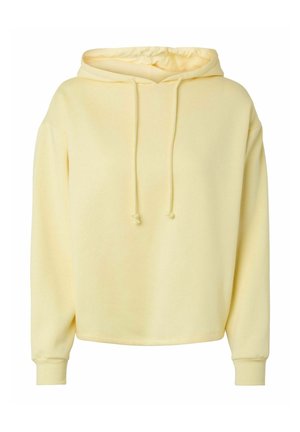 Gul hættetrøje med afslappet pasform, snørrejustering og manchetter ved ærmerne, lavet af blødt, tekstureret stof.