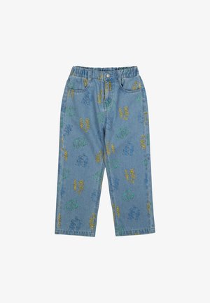 Svijetloplave traperice s elastičnim pojasom, s veselim tekstualnim uzorcima u zelenoj, žutoj i plavoj boji, ravnog kroja.