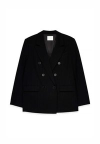 Črni prugasti dvoredni blazer z izrezanimi klapami, dvema sprednjima žepoma in črnimi gumbi. Urejen, krojen dizajn.