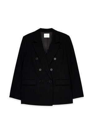 Svart pinstripes dubbelknäppt kavaj med spetsiga lappar, två framfickor och svarta knappar. Strukturerad, skräddarsydd design.