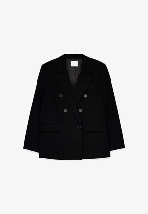 Mustra mustriline impulssärk, topelt esiosaga, millel on nahklehed, kaks esikotti ja mustad nupud. Struktureeritud, kohandatud disain.