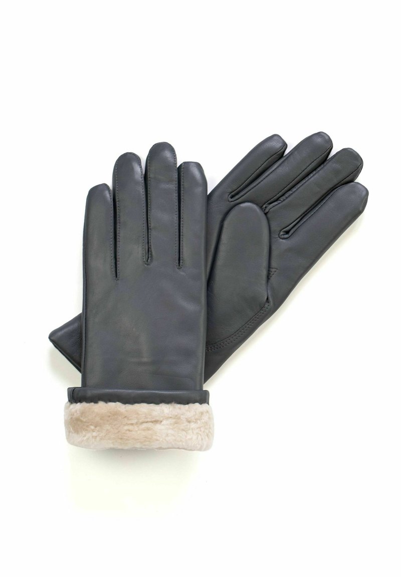 Schwarze Lederhandschuhe mit einem weichen, beigen Kunstfellbund. Verfügt über ein maßgeschneidertes Design mit fünf Fingern und genähten Details entlang der Nähte.