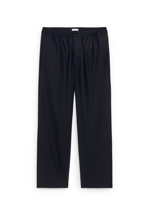 Black, loose-fitting pants made of soft fabric with an elastic waistband. Features flat seams and straight cut legs for comfort and ease.