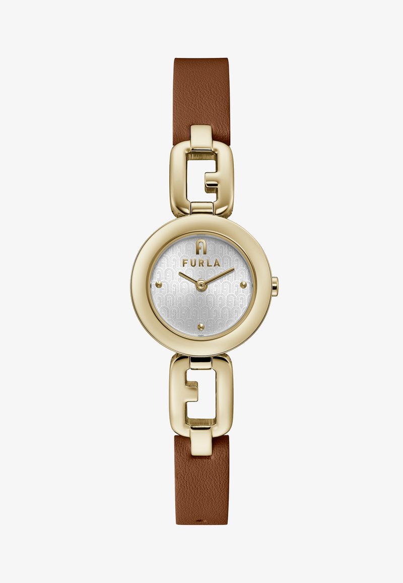 Auksinės spalvos laikrodis su apvaliu korpusu, tekstūruotu sidabriniu ciferblatu, rudos odos dirželiu ir grandinės akcentu. Laikas rodomas su valandų žymėjimais.