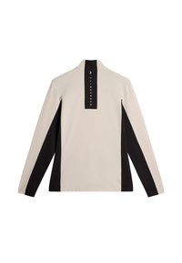 Giacca leggera da uomo con corpo beige, maniche nere e colletto alto. Presenta un'etichetta con il logo sulla parte posteriore del collo e una texture liscia.