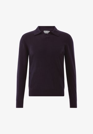 Dunkelvioletter Pullover mit langen Ärmeln, V-Ausschnitt und flachem Kragen, mit gerippten Bündchen und Saum, aus einem weichen, strukturierten Material gefertigt.