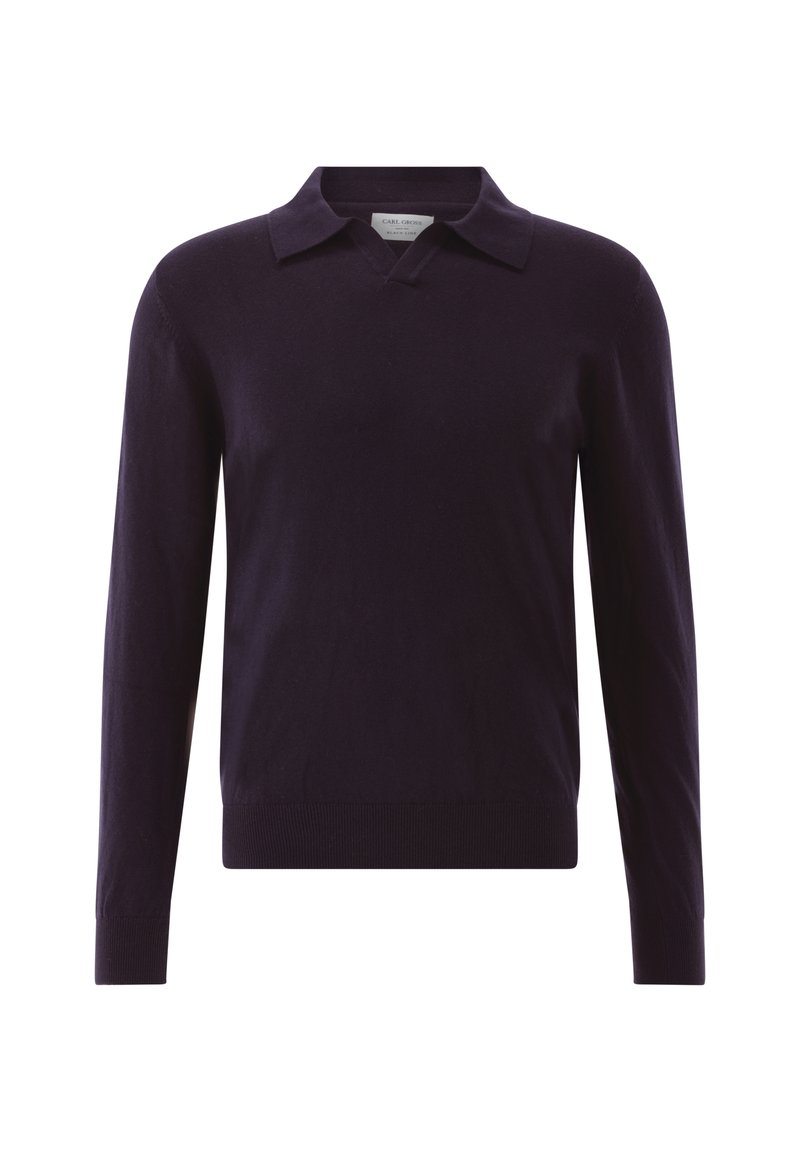 Dunkelvioletter Pullover mit langen Ärmeln, V-Ausschnitt und flachem Kragen, mit gerippten Bündchen und Saum, aus einem weichen, strukturierten Material gefertigt.