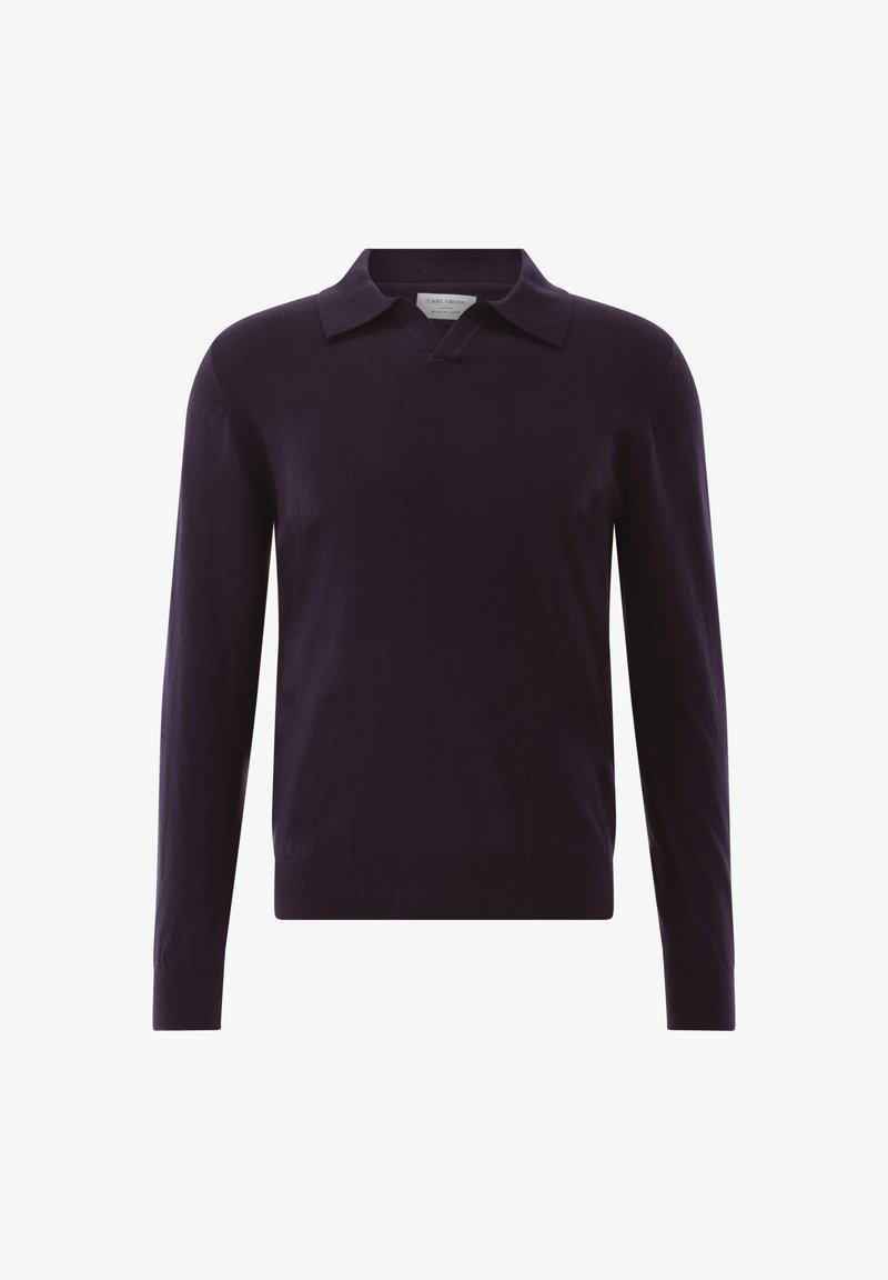 Dunkelvioletter Pullover mit langen Ärmeln, V-Ausschnitt und flachem Kragen, mit gerippten Bündchen und Saum, aus einem weichen, strukturierten Material gefertigt.