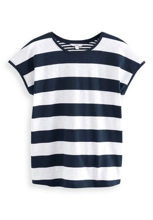 Kurzärmeliges T-Shirt mit breiten horizontalen dunkelblauen und weißen Streifen und rundem Ausschnitt.