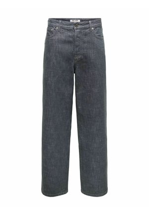 Jean droit en denim gris foncé avec poches avant, passants de ceinture et fermeture à boutons dans un style classique cinq poches.
